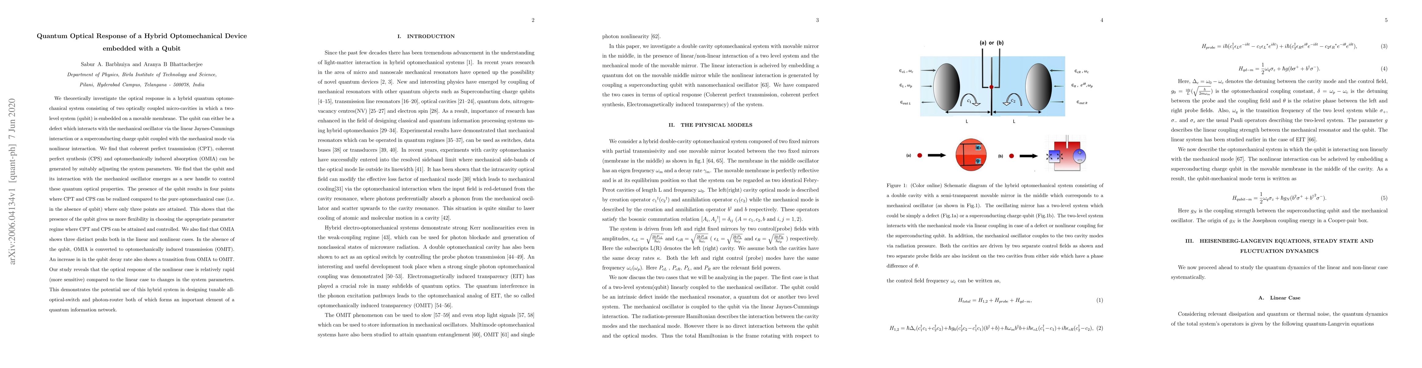 Thumbnail for Quantum Optical Response of a Hybrid Optomechanical Device embedded with
  a Qubit