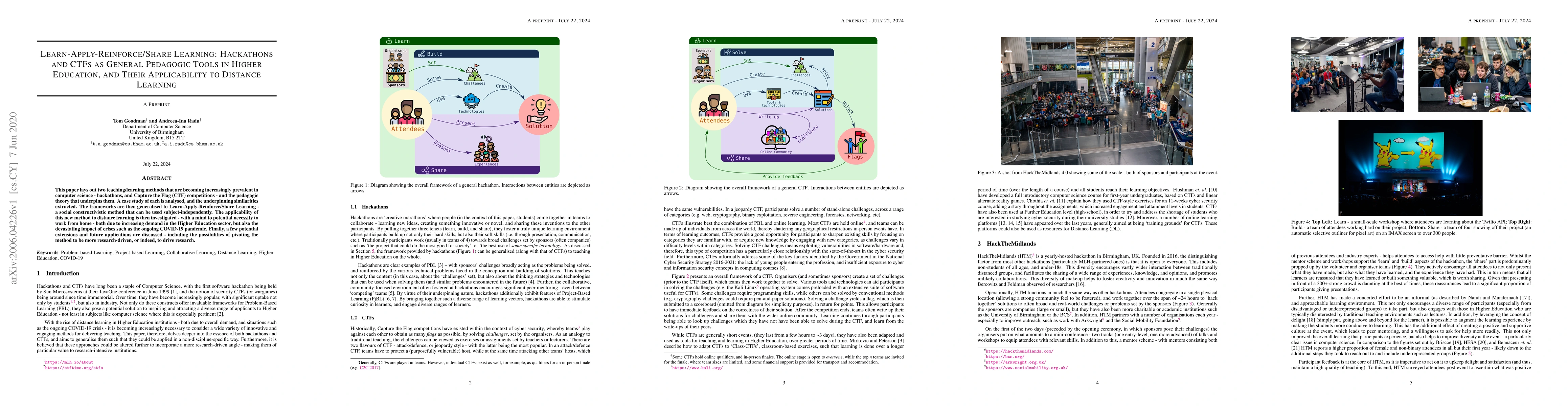 Thumbnail for Learn-Apply-Reinforce/Share Learning: Hackathons and CTFs as General
  Pedagogic Tools in Higher Education, and Their Applicability to Distance
  Learning