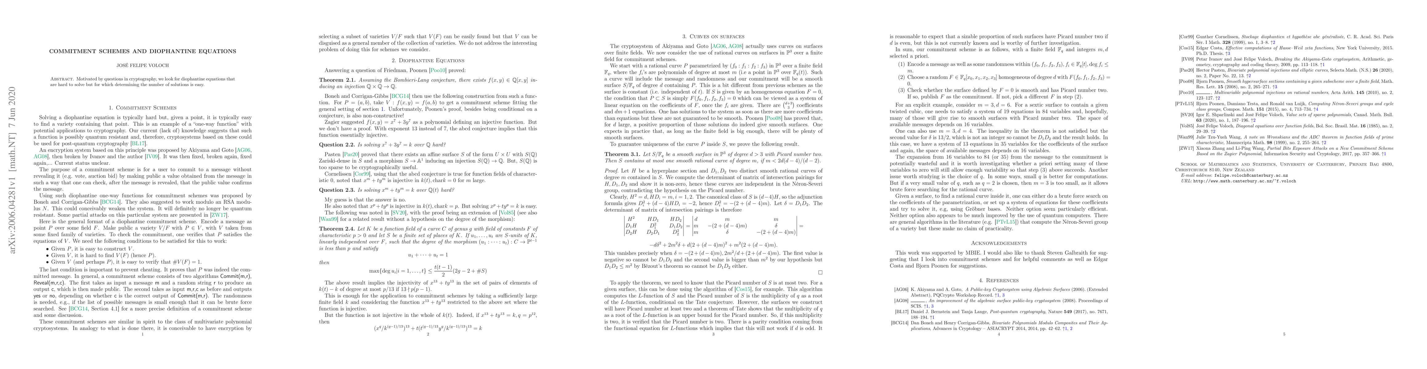 Thumbnail for Commitment Schemes and Diophantine Equations