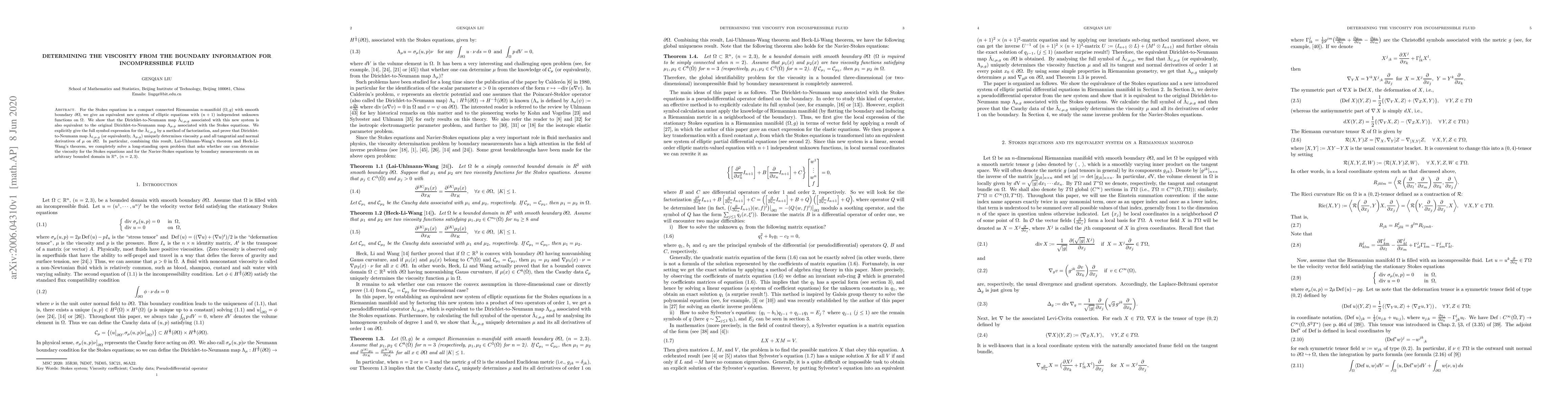 Thumbnail for Determining the viscosity from the boundary information for
  incompressible fluid