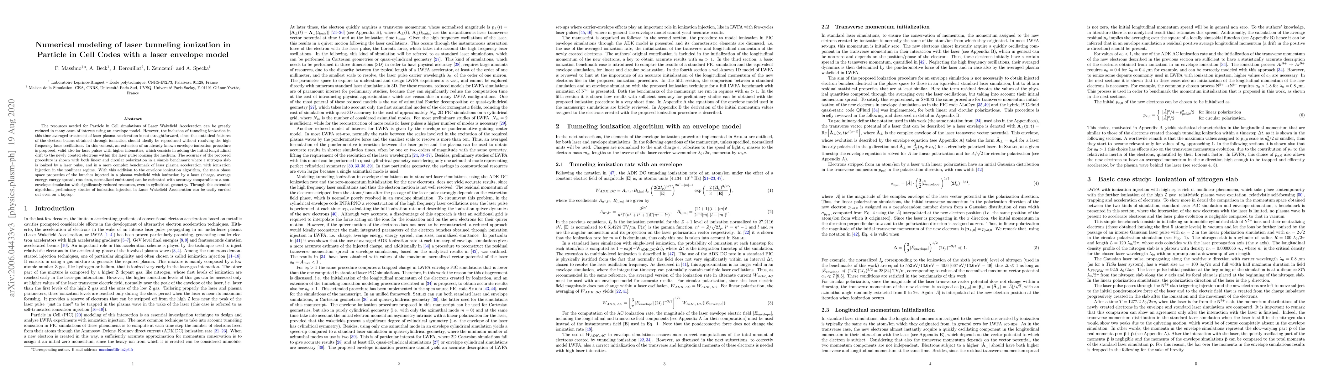 Thumbnail for Numerical modeling of laser tunneling ionization in Particle in Cell
  Codes with a laser envelope model