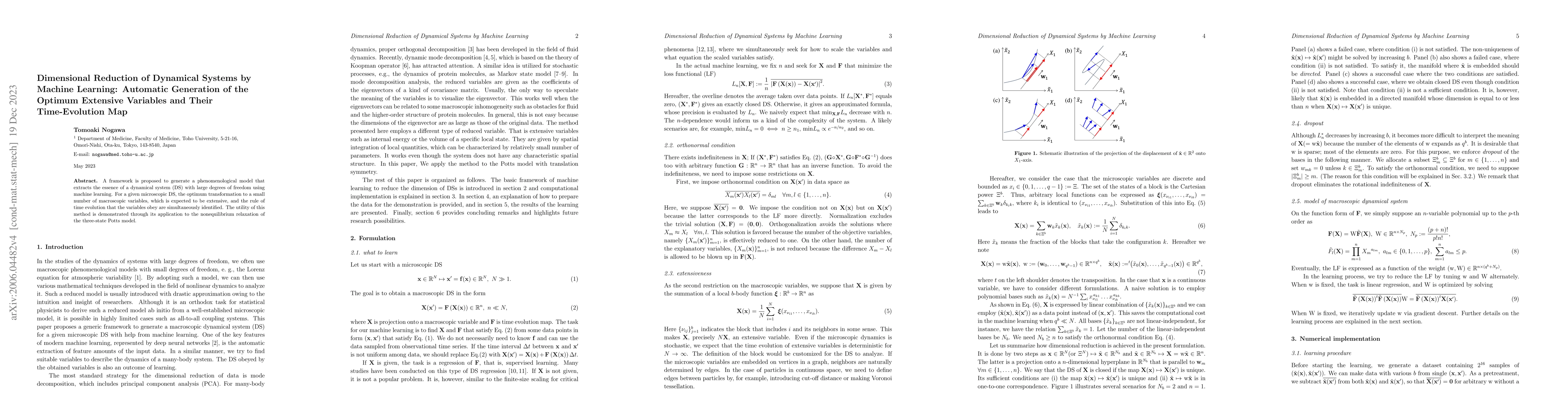 Thumbnail for Dimensional Reduction of Dynamical Systems by Machine Learning:
  Automatic Generation of the Optimum Extensive Variables and Their
  Time-Evolution Map