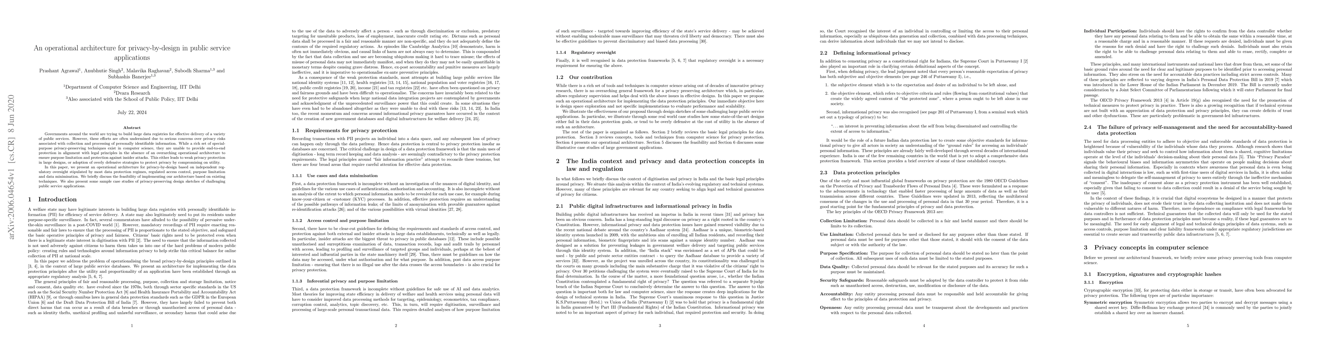 Thumbnail for An operational architecture for privacy-by-design in public service
  applications