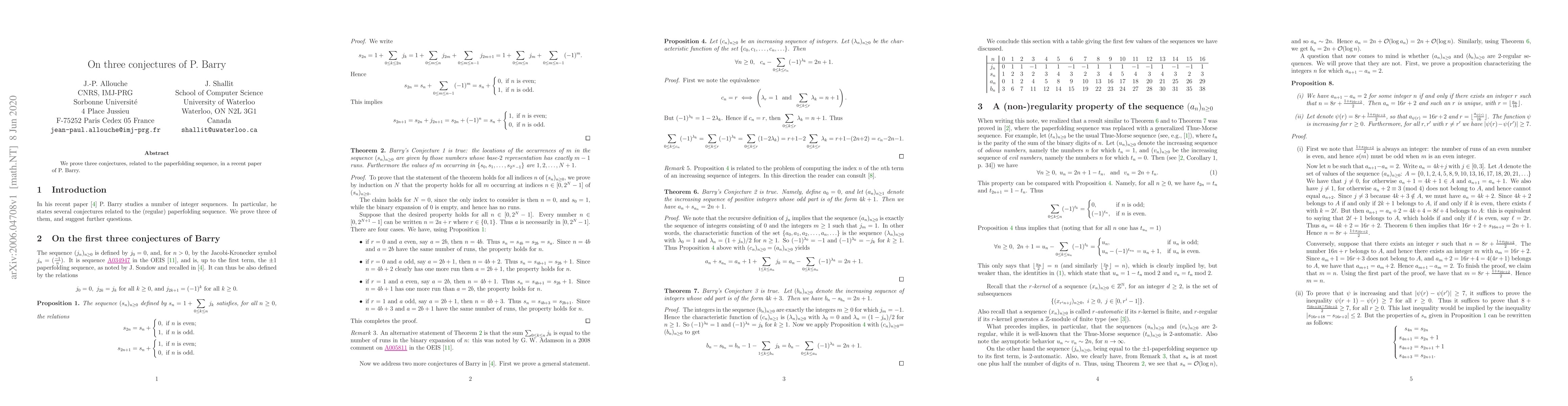Thumbnail for On three conjectures of P. Barry