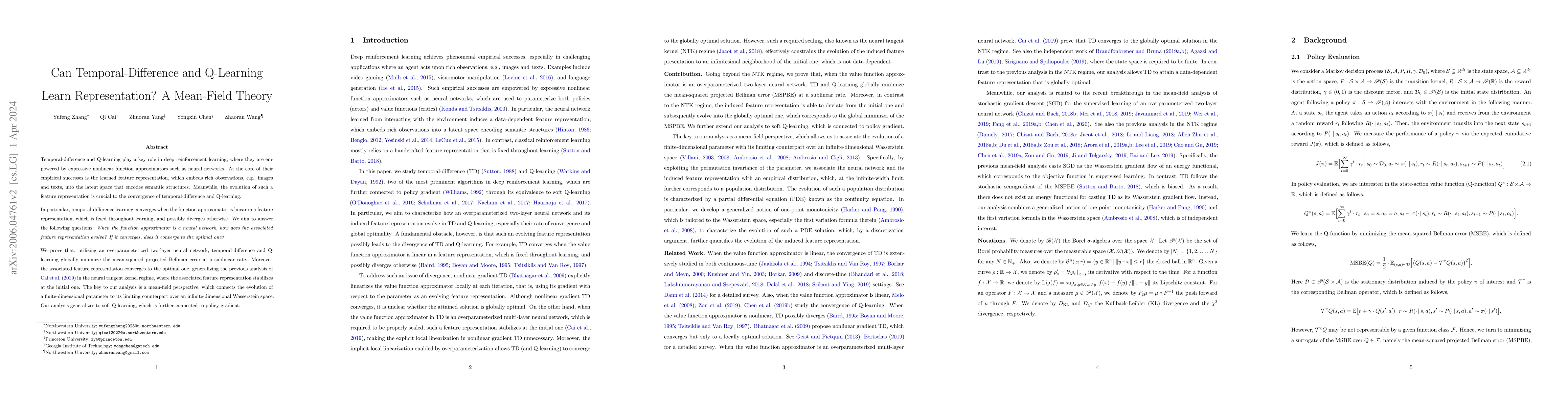 Thumbnail for Can Temporal-Difference and Q-Learning Learn Representation? A
  Mean-Field Theory