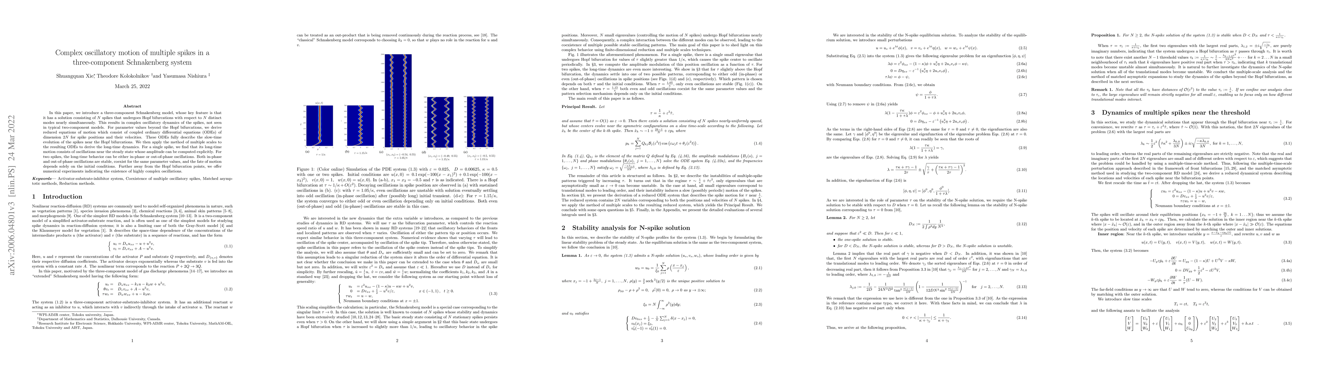 Thumbnail for Complex oscillatory motion of multiple spikes in a three-component
  Schnakenberg system
