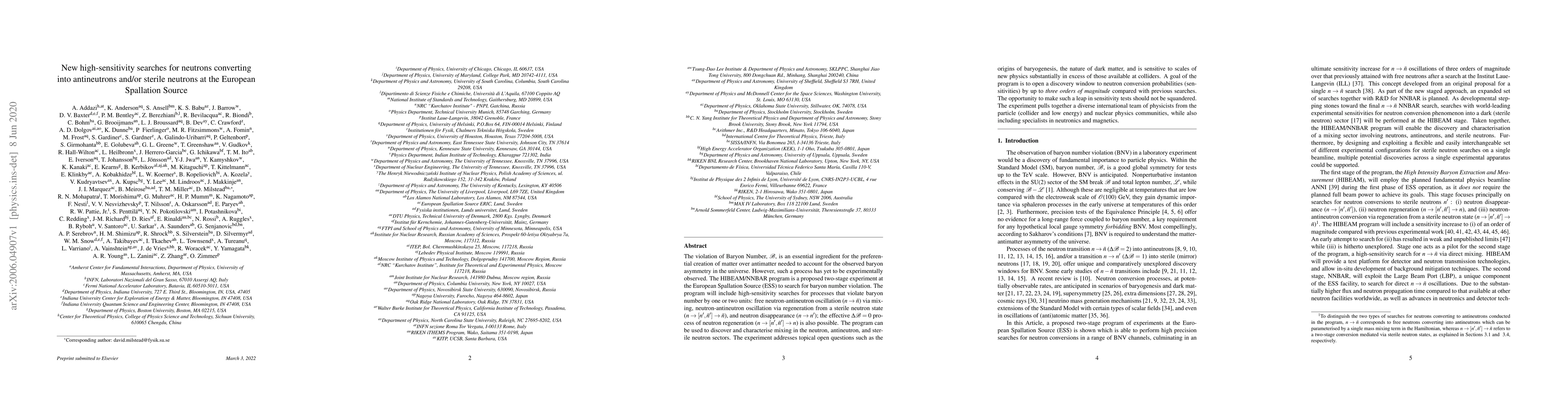 Thumbnail for New high-sensitivity searches for neutrons converting into antineutrons
  and/or sterile neutrons at the European Spallation Source