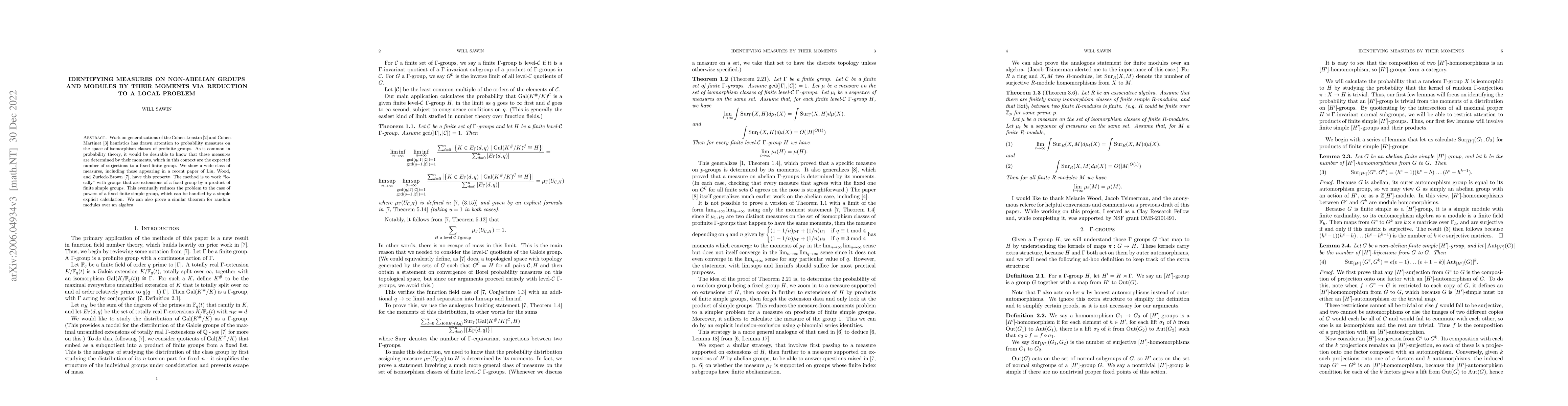 Thumbnail for Identifying measures on non-abelian groups and modules by their moments
  via reduction to a local problem