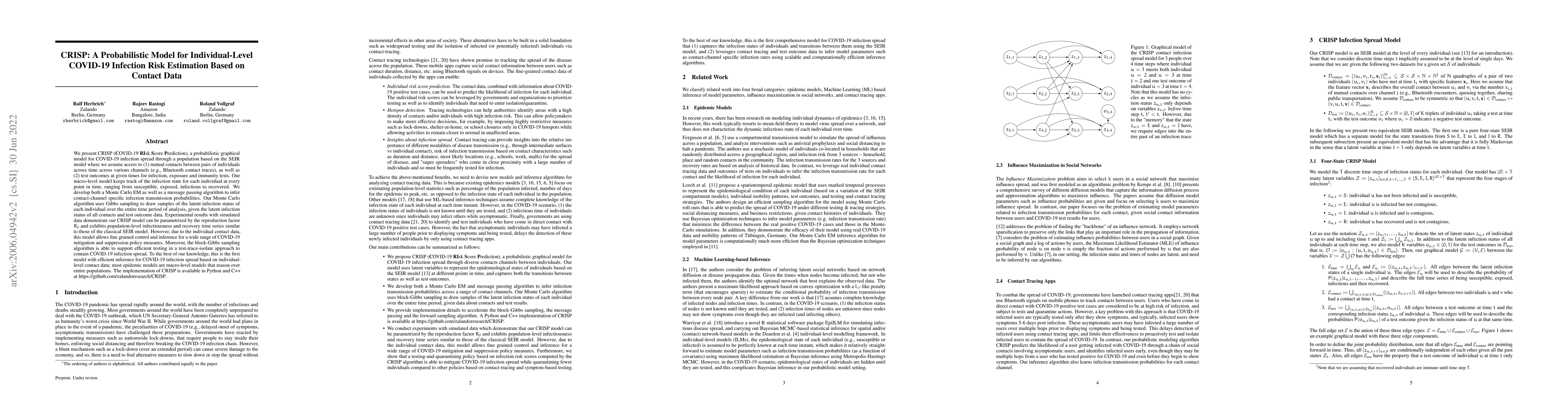 Thumbnail for CRISP: A Probabilistic Model for Individual-Level COVID-19 Infection
  Risk Estimation Based on Contact Data