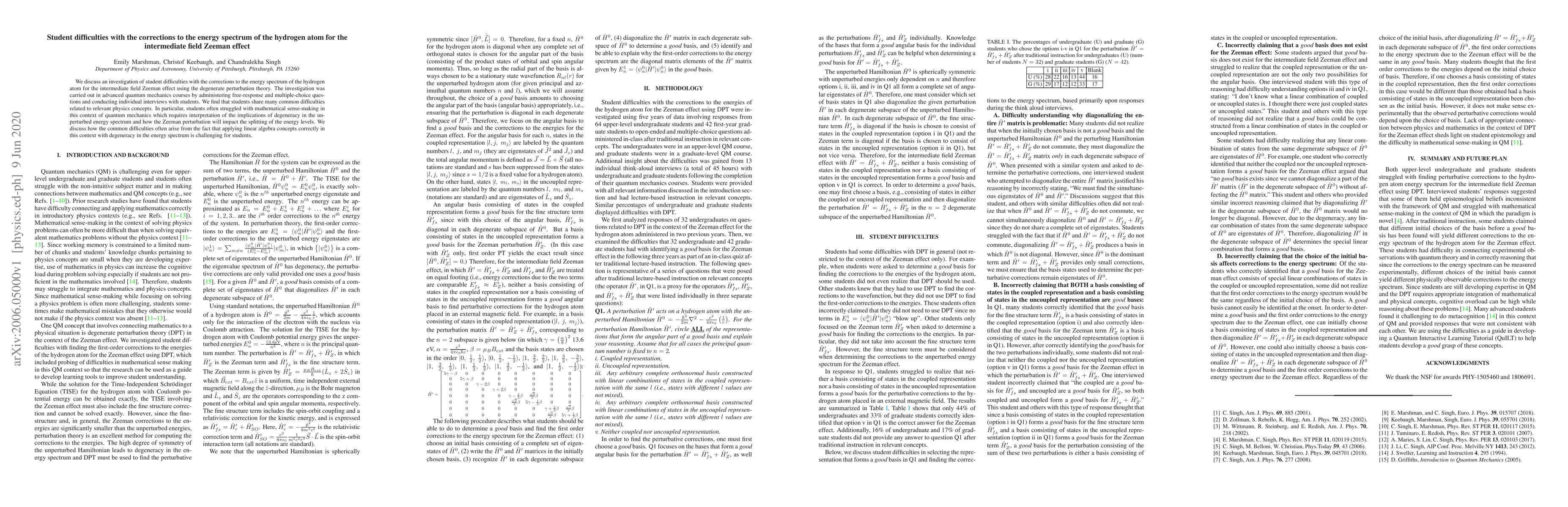 Thumbnail for Student difficulties with the corrections to the energy spectrum of the
  hydrogen atom for the intermediate field Zeeman effect