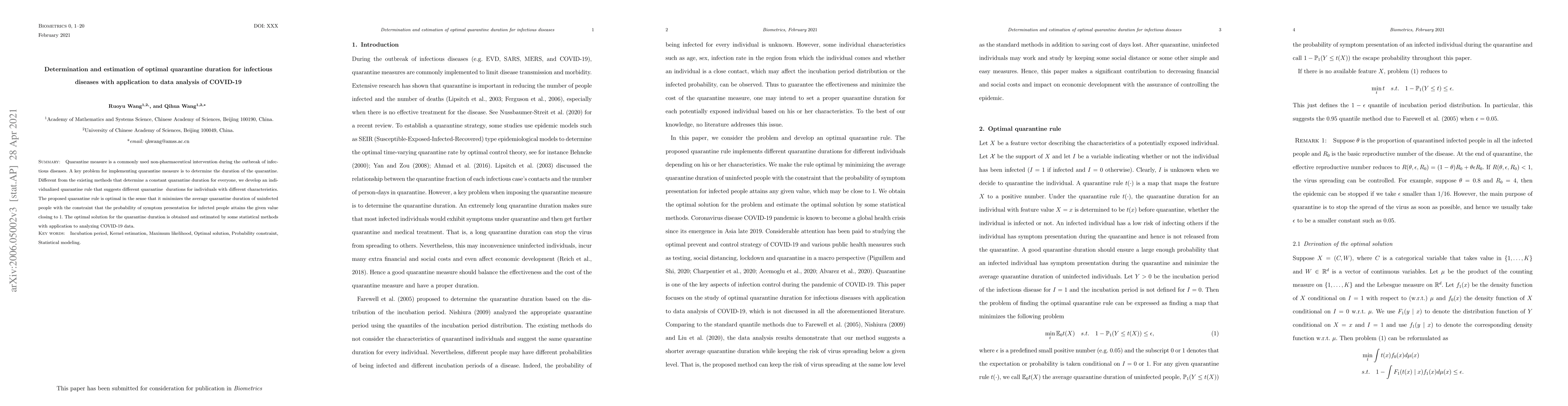 Thumbnail for Determination and estimation of optimal quarantine duration for
  infectious diseases with application to data analysis of COVID-19