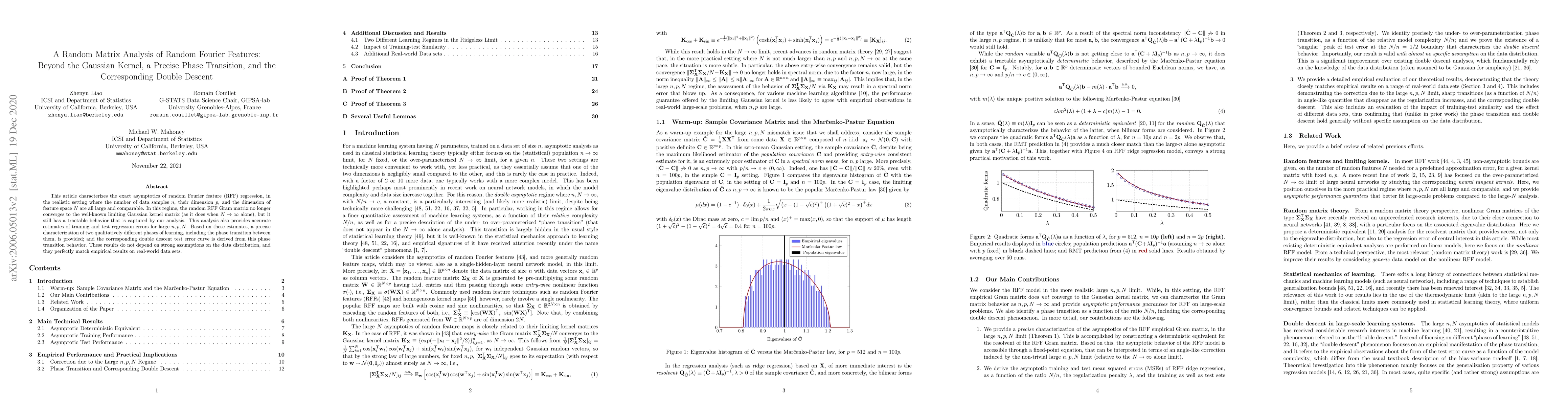 Thumbnail for A Random Matrix Analysis of Random Fourier Features: Beyond the Gaussian
  Kernel, a Precise Phase Transition, and the Corresponding Double Descent