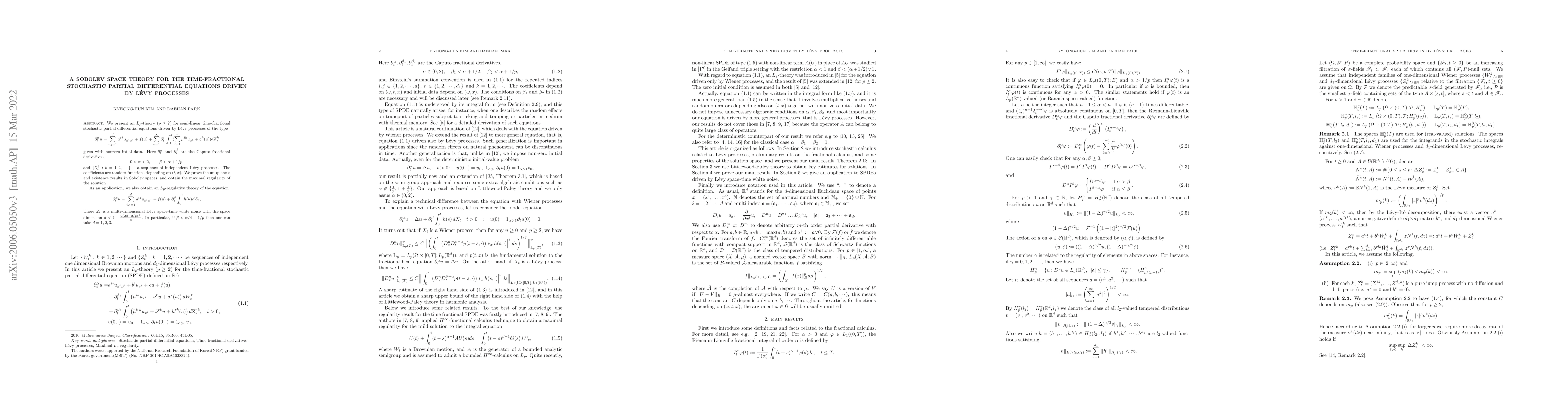 Thumbnail for A Sobolev space theory for the time-fractional stochastic partial
  differential equations driven by Levy processes