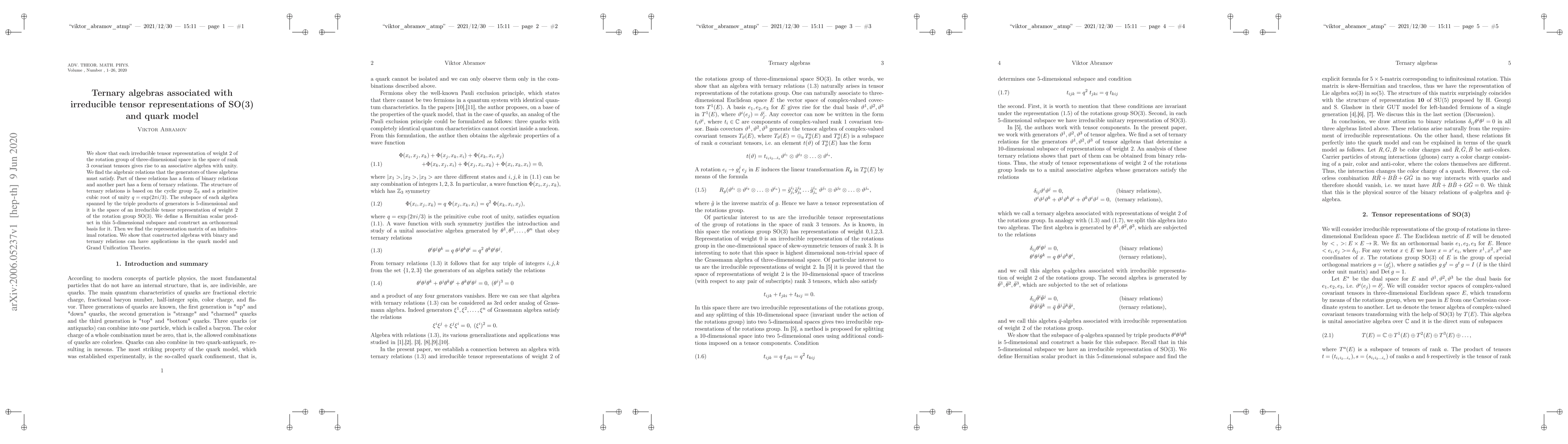 Thumbnail for Ternary algebras associated with irreducible tensor representations of
  SO(3) and quark model