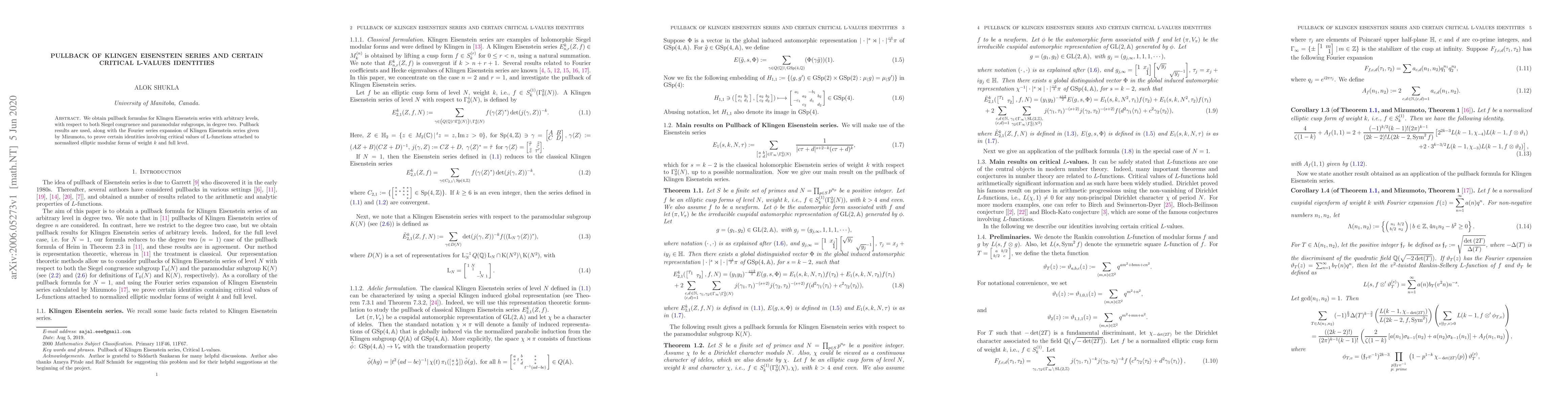 Thumbnail for Pullback of Klingen Eisenstein series and certain critical L-values
  identities
