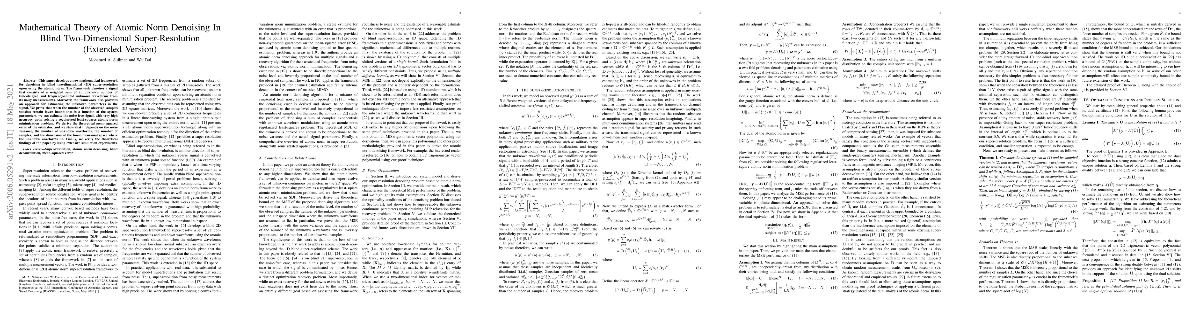 Thumbnail for Mathematical Theory of Atomic Norm Denoising In Blind Two-Dimensional
  Super-Resolution (Extended Version)
