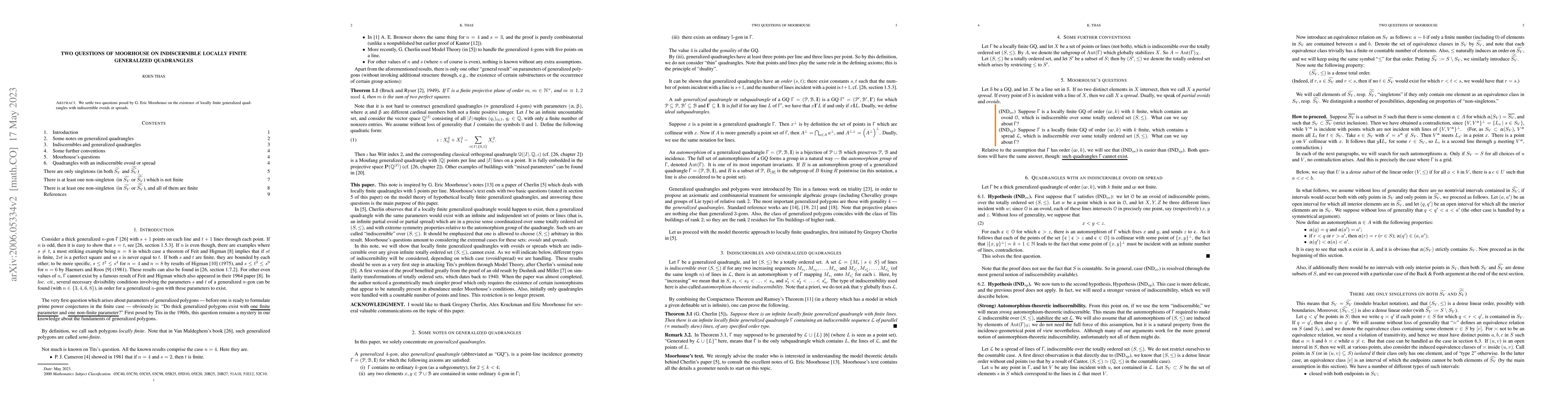 Thumbnail for Two questions of Moorhouse on indiscernible locally finite generalized
  quadrangles