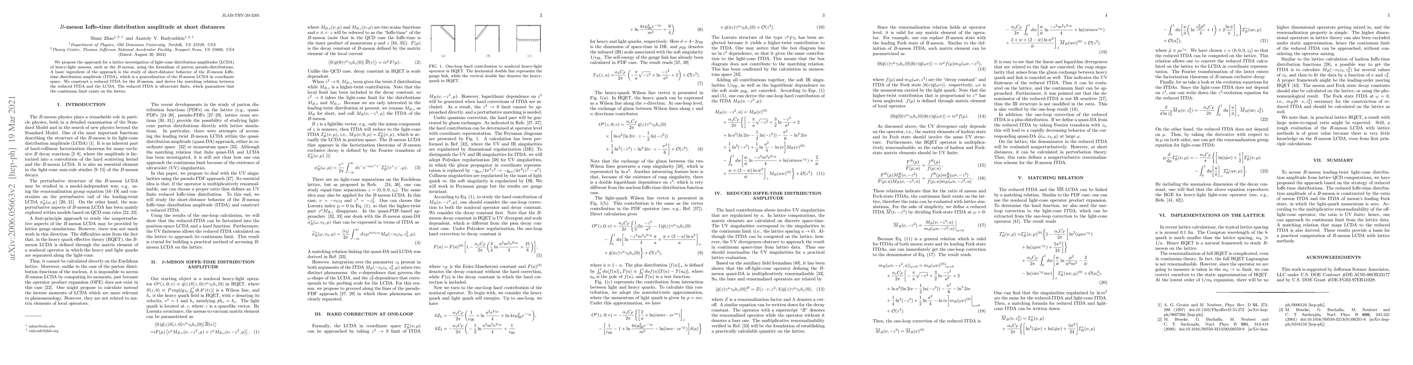 Thumbnail for $B$-meson Ioffe-time distribution amplitude at short distances