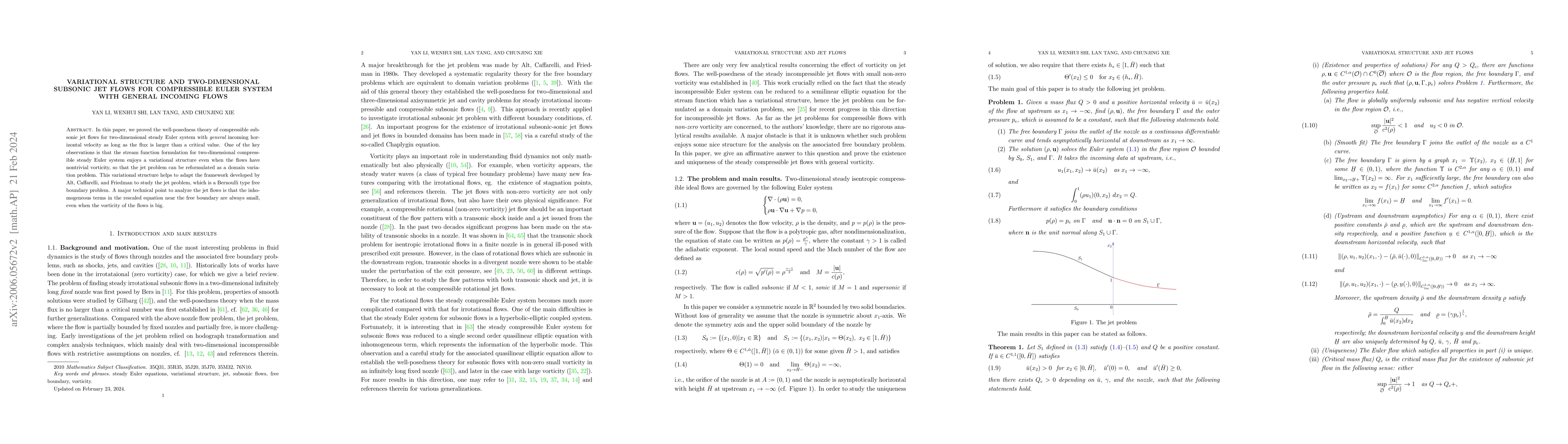 Thumbnail for Variational structure and two-dimensional subsonic jet flows for
  compressible Euler system with general incoming flows