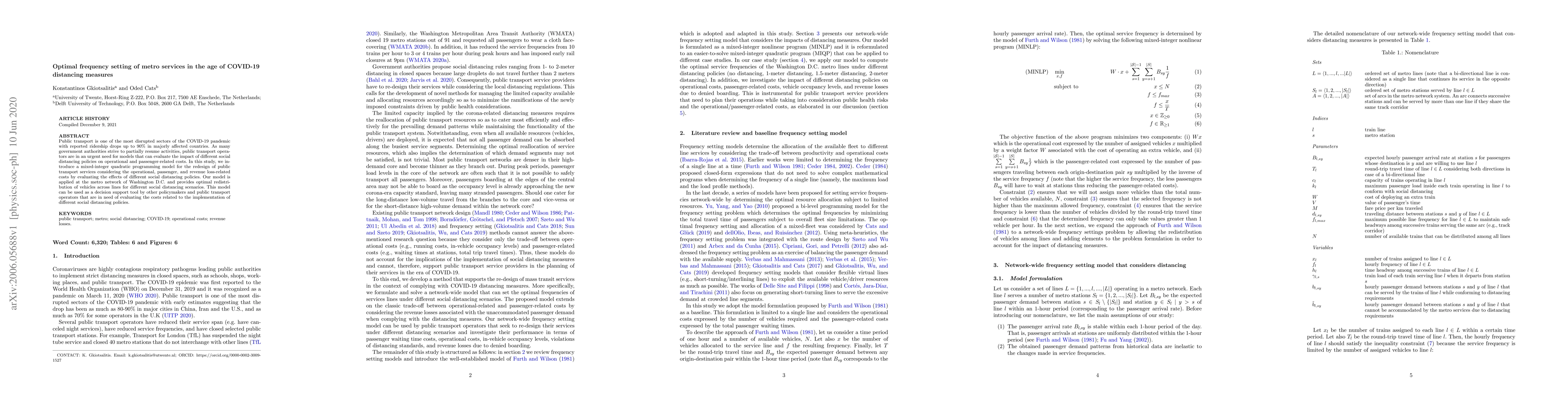 Thumbnail for Optimal frequency setting of metro services in the age of COVID-19
  distancing measures