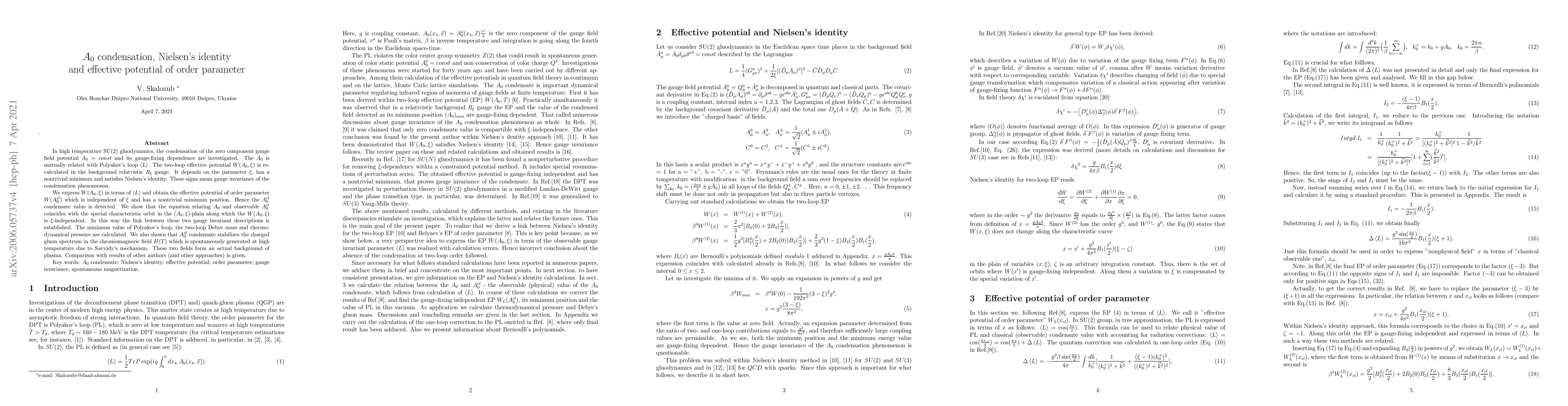Thumbnail for $A_0$ condensation, Nielsen's identity and effective potential of order
  parameter