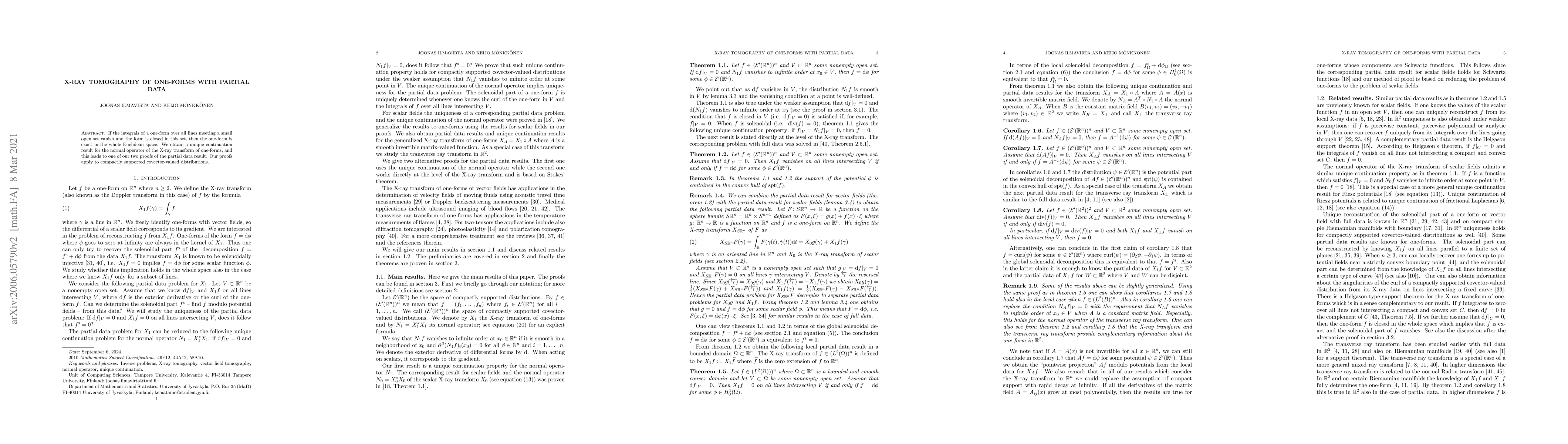 Thumbnail for X-ray tomography of one-forms with partial data