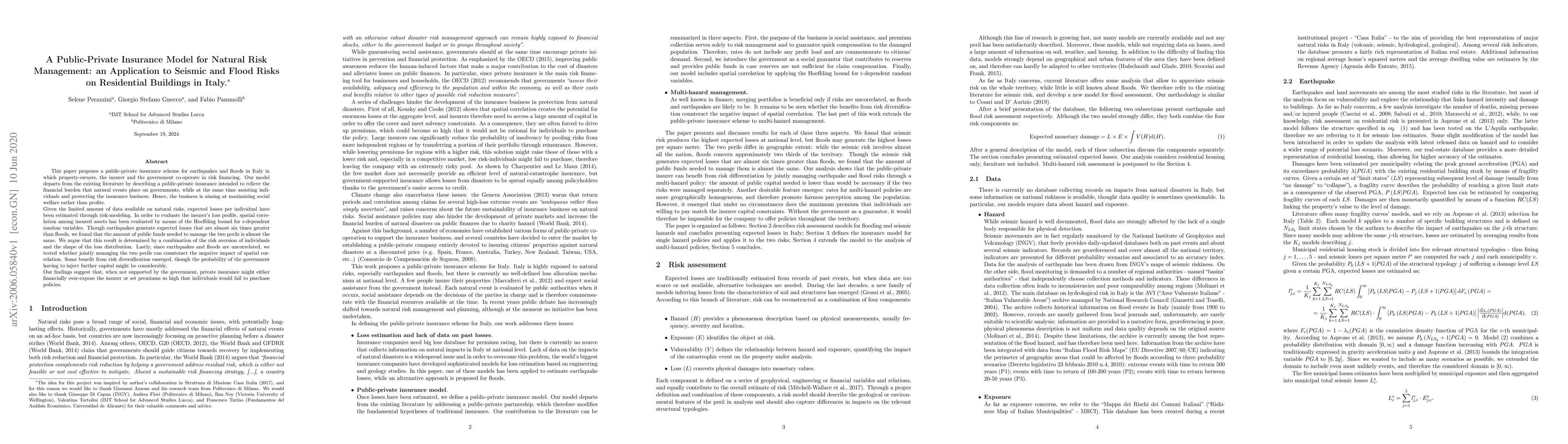Thumbnail for A Public-Private Insurance Model for Natural Risk Management: an
  Application to Seismic and Flood Risks on Residential Buildings in Italy