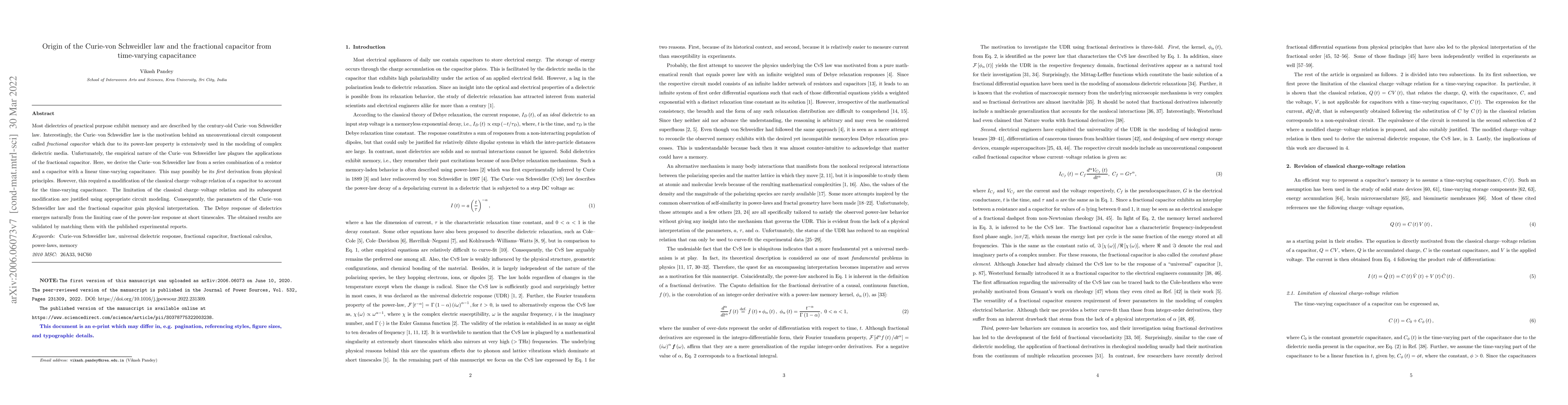 Thumbnail for Origin of the Curie-von Schweidler law and the fractional capacitor from
  time-varying capacitance