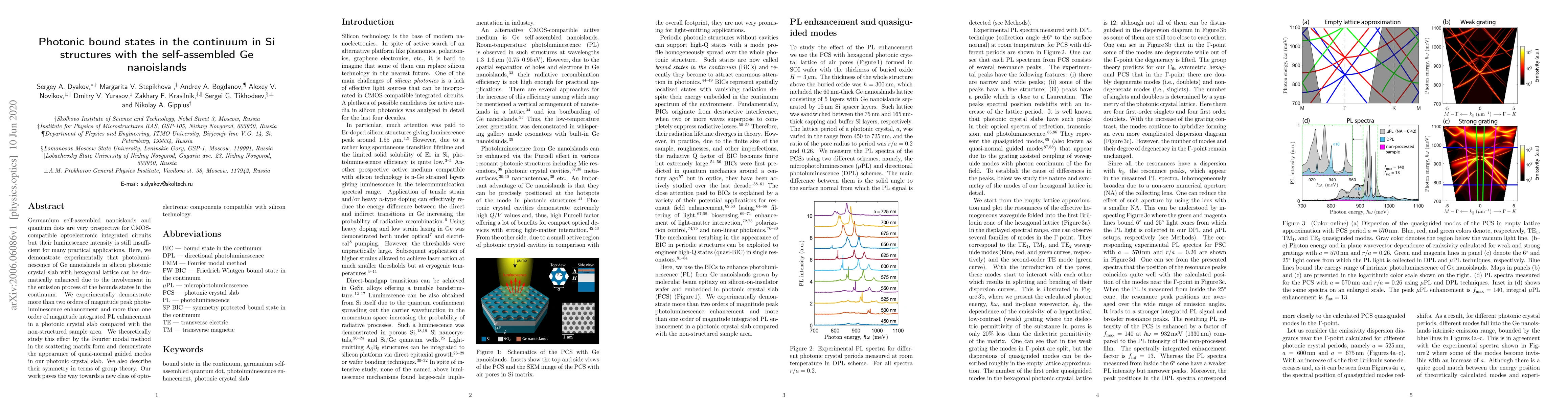 Thumbnail for Photonic bound states in the continuum in Si structures with the
  self-assembled Ge nanoislands