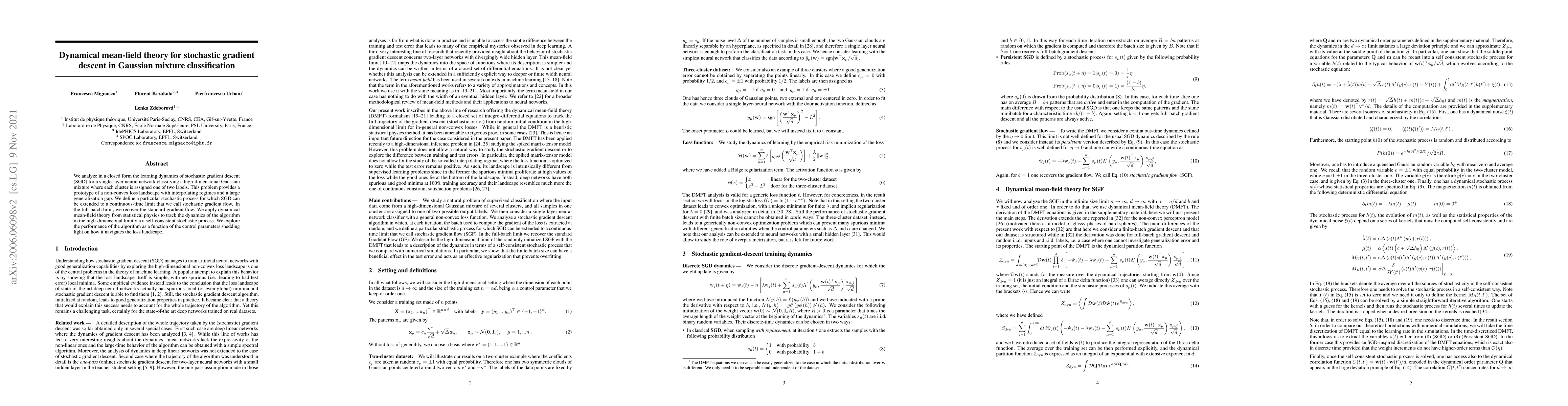 Thumbnail for Dynamical mean-field theory for stochastic gradient descent in Gaussian
  mixture classification