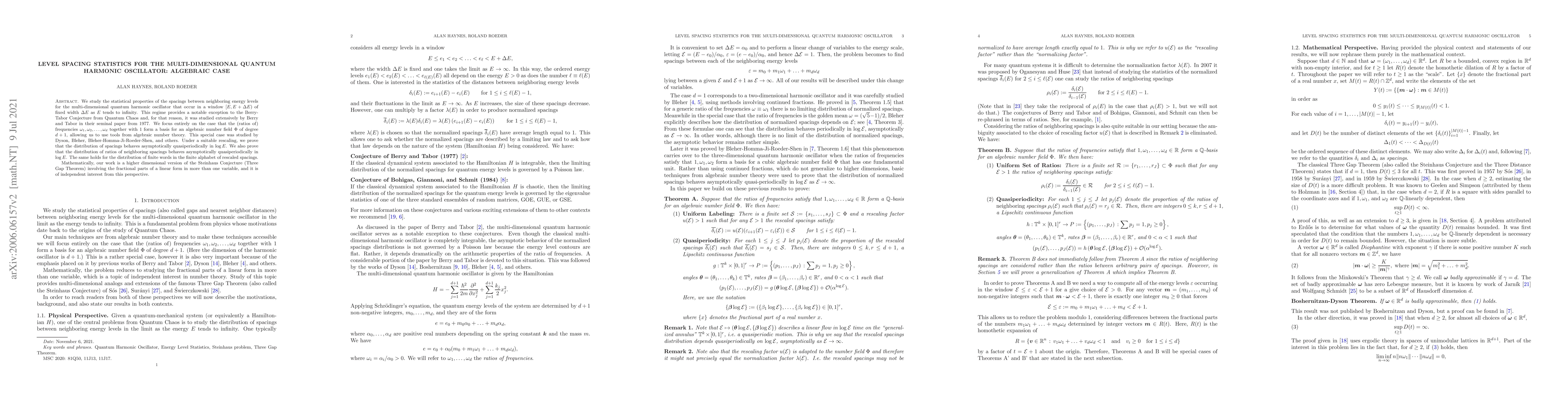 Thumbnail for Level spacing statistics for the multi-dimensional quantum harmonic
  oscillator: algebraic case