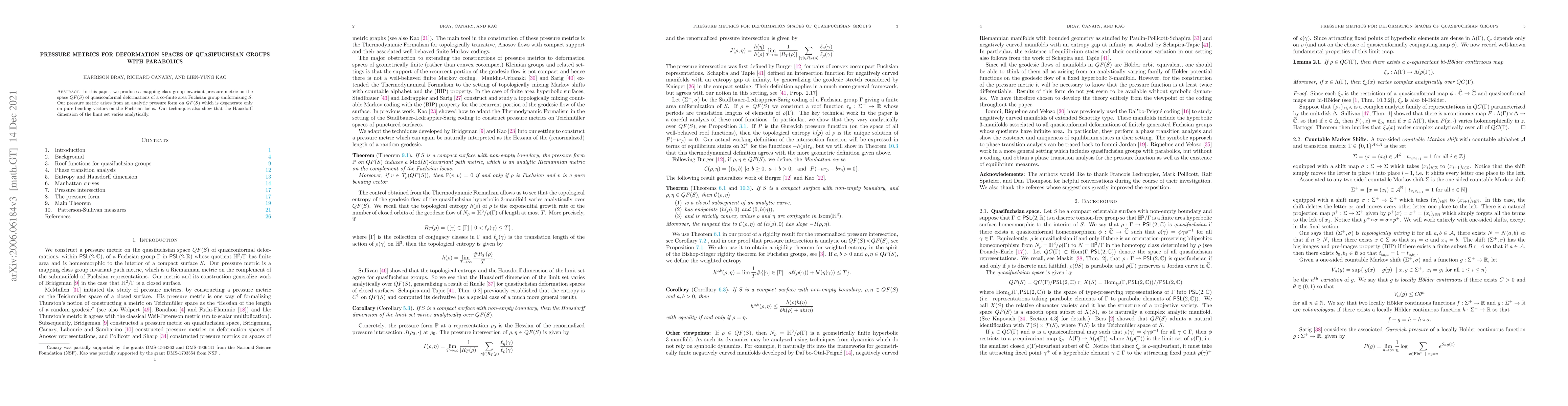 Thumbnail for Pressure metrics for deformation spaces of quasifuchsian groups with
  parabolics