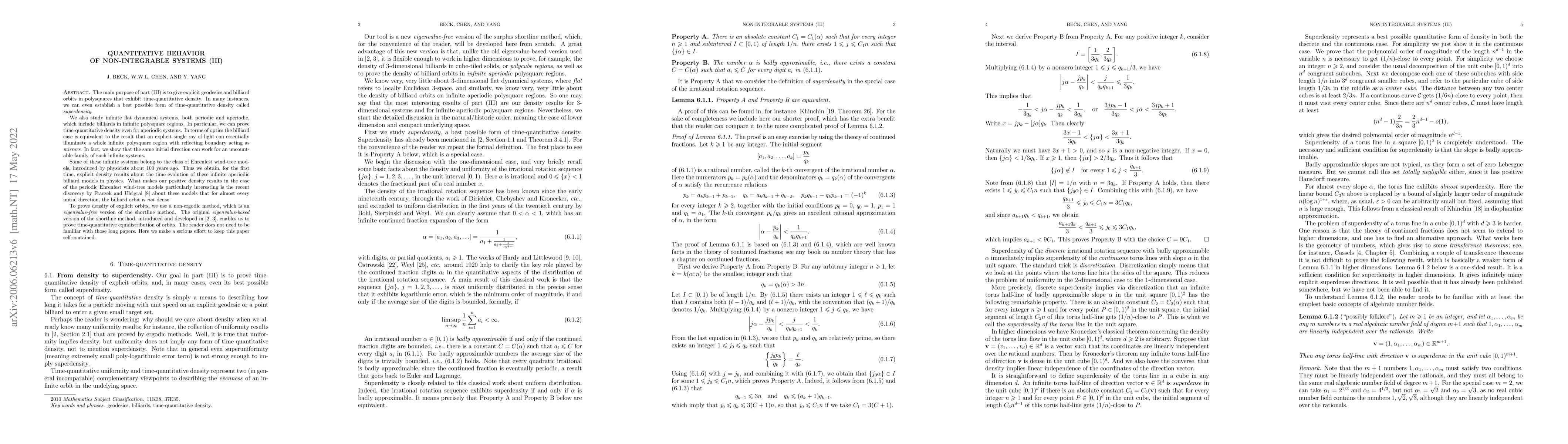 Thumbnail for Quantitative behavior of non-integrable systems (III)