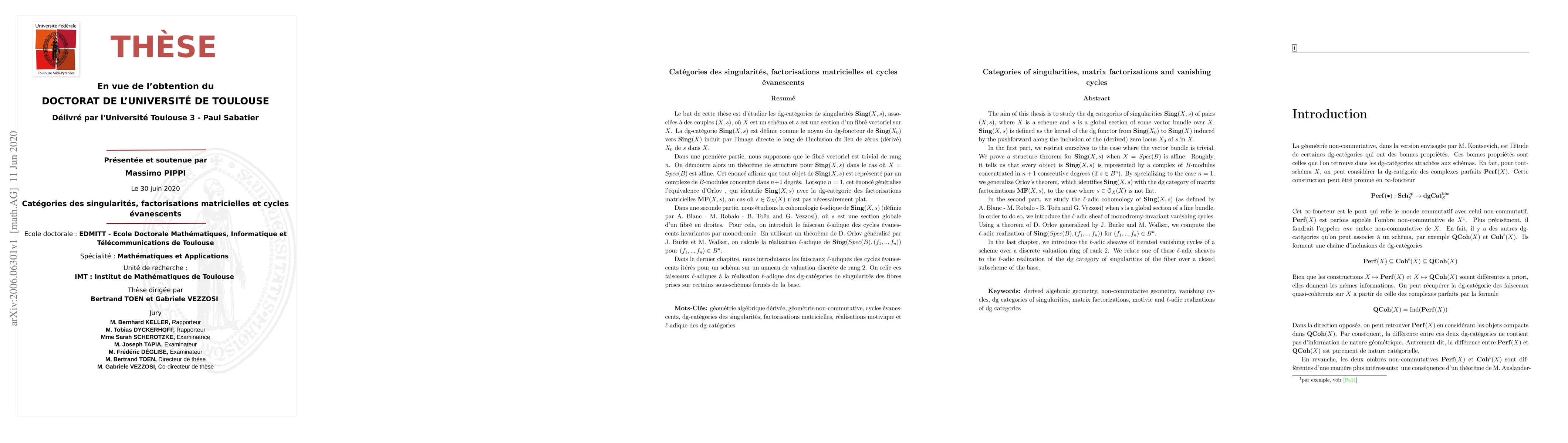 Thumbnail for Cat\'egories des singularit\'es, factorisations matricielles et cycles
  \'evanescents
