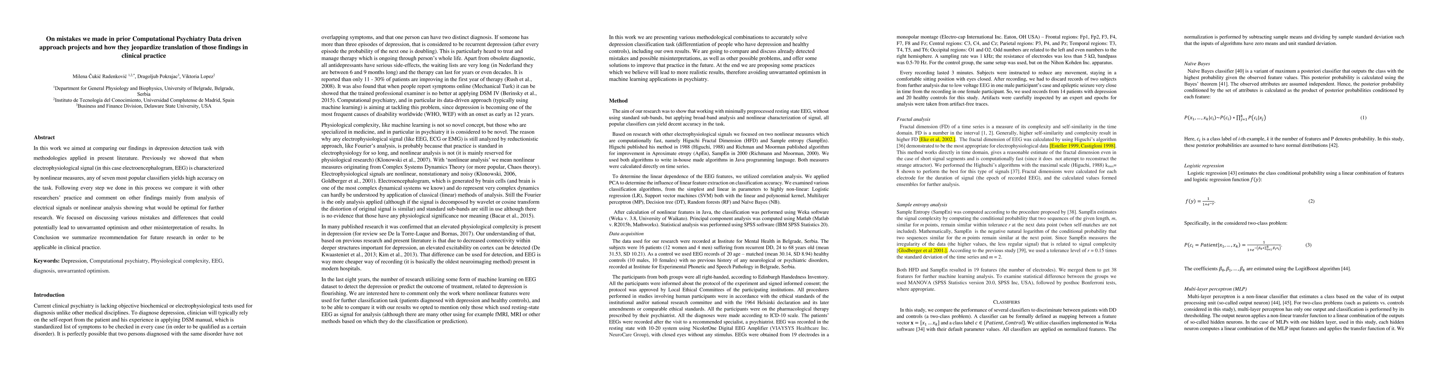 Thumbnail for On mistakes we made in prior Computational Psychiatry Data driven
  approach projects and how they jeopardize translation of those findings in
  clinical practice