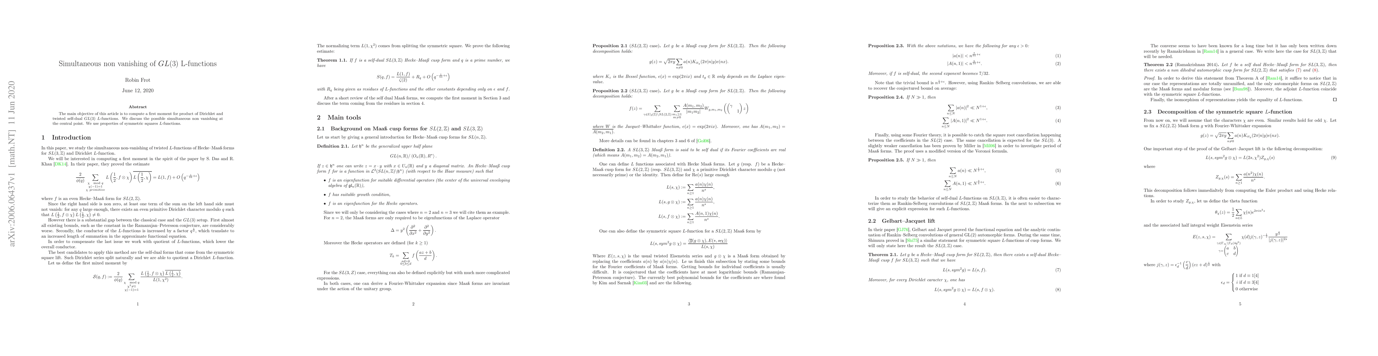 Thumbnail for Simultaneous non vanishing of $GL(3)$ $L$-functions