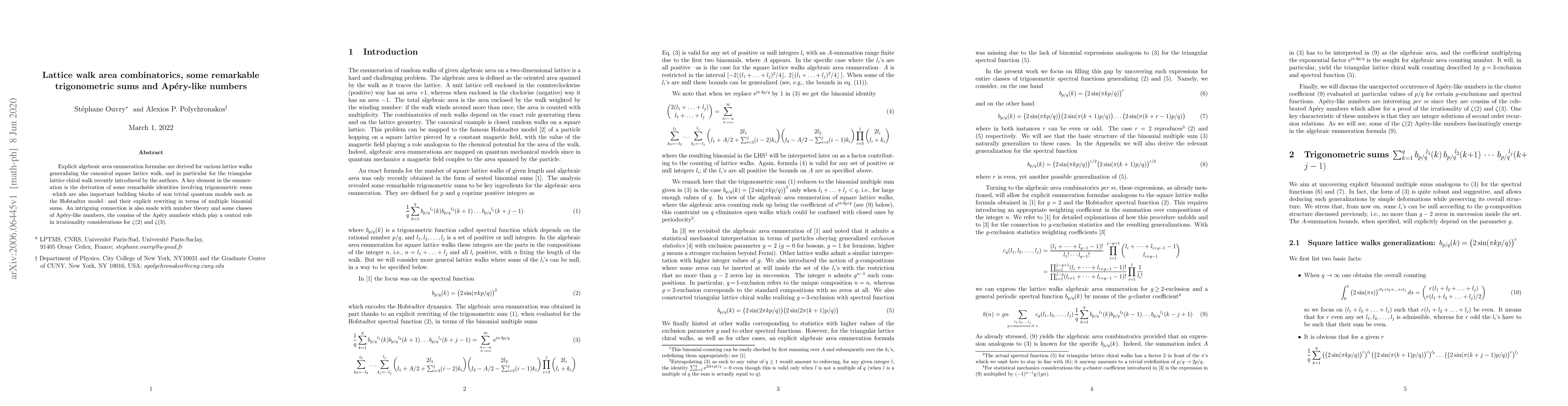 Thumbnail for Lattice walk area combinatorics, some remarkable trigonometric sums and
  Ap\'ery-like numbers