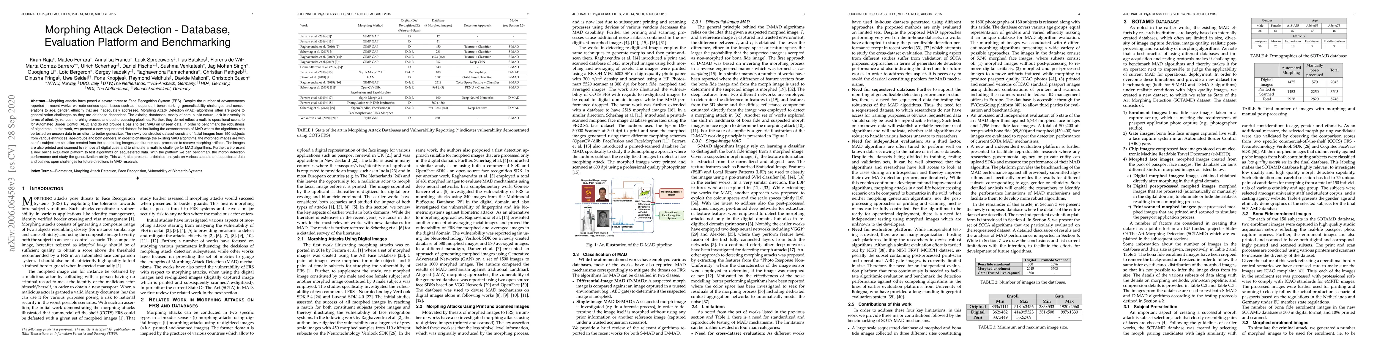 Thumbnail for Morphing Attack Detection -- Database, Evaluation Platform and
  Benchmarking