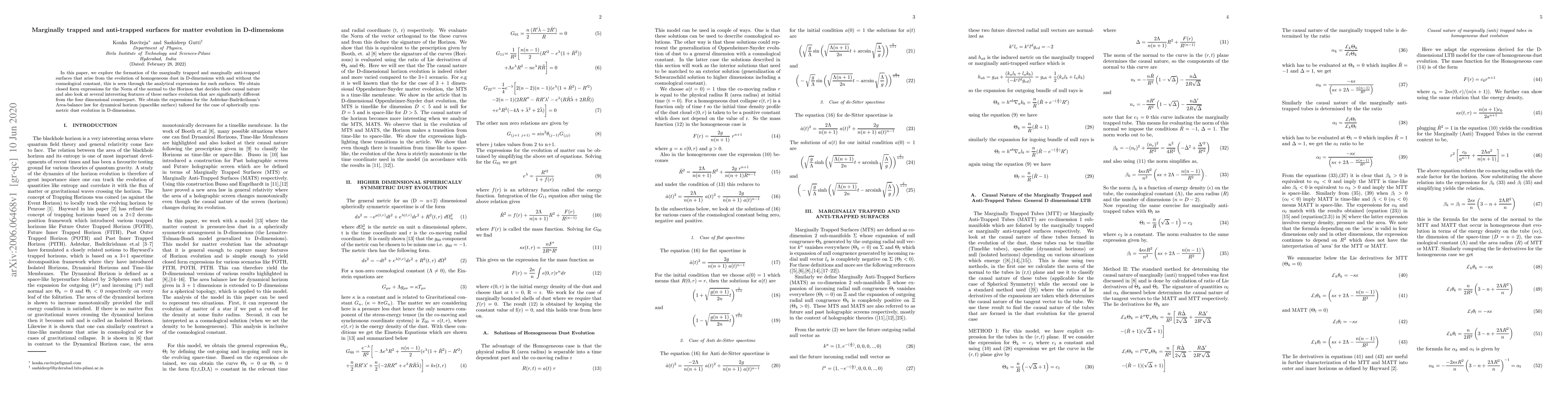 Thumbnail for Marginally trapped and anti-trapped surfaces for matter evolution in
  D-dimensions
