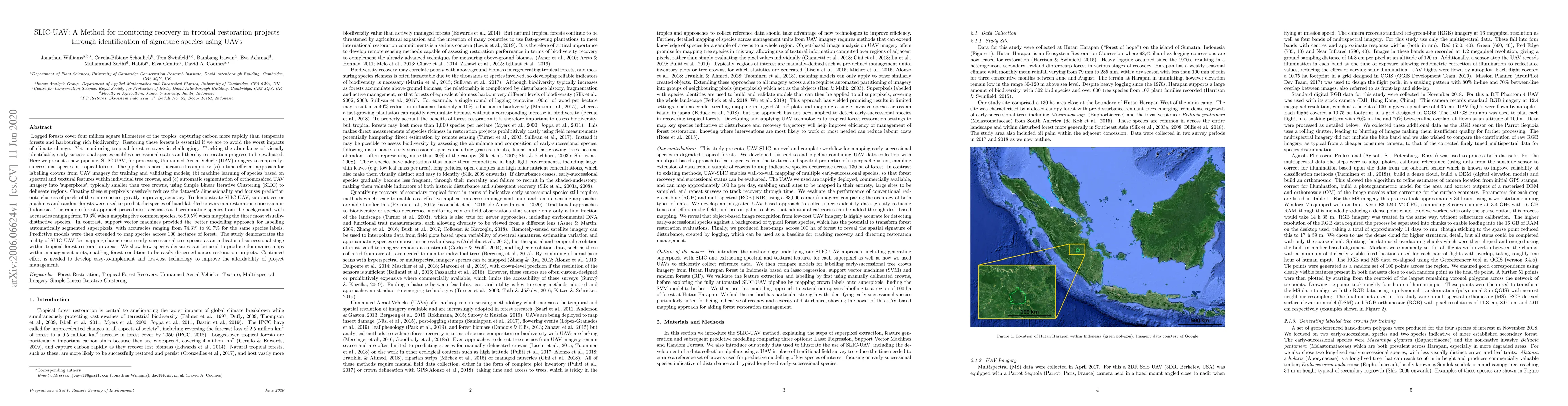 Thumbnail for SLIC-UAV: A Method for monitoring recovery in tropical restoration
  projects through identification of signature species using UAVs