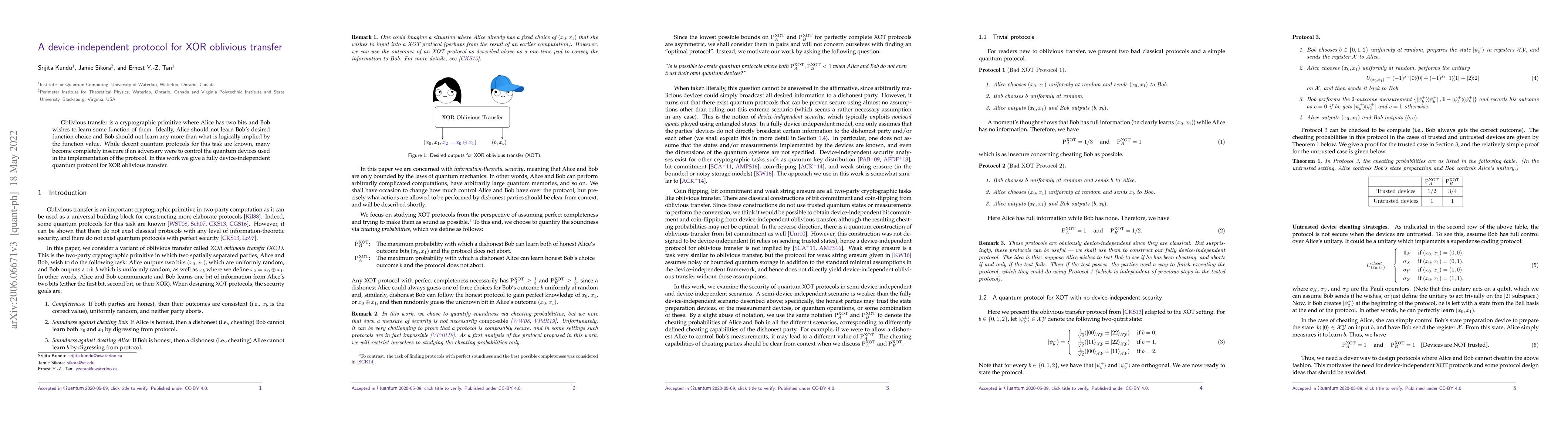 Thumbnail for A device-independent protocol for XOR oblivious transfer