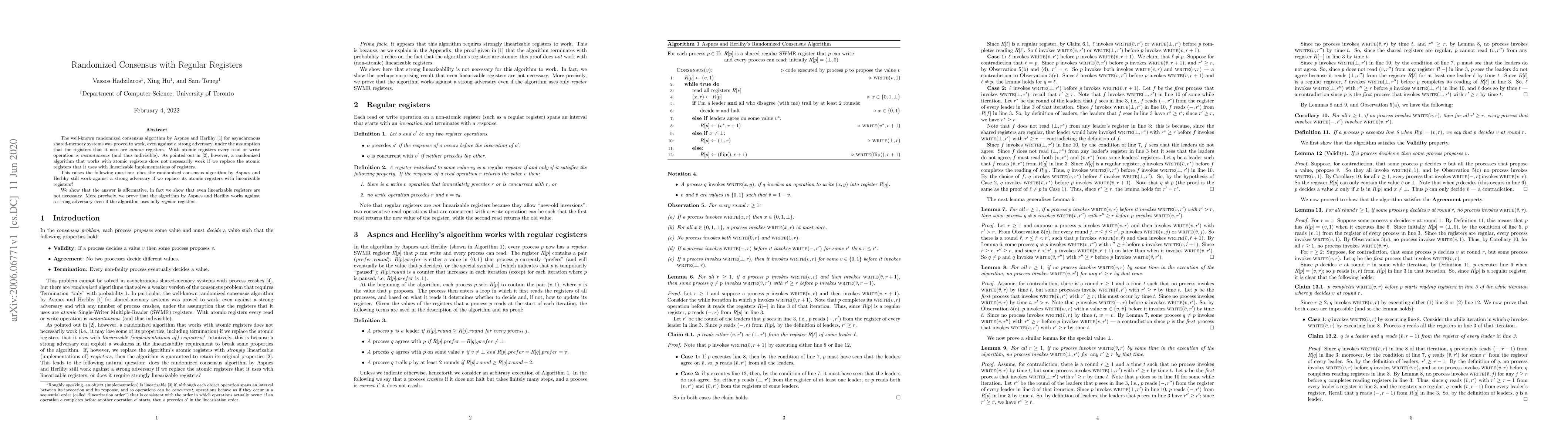 Thumbnail for Randomized Consensus with Regular Registers