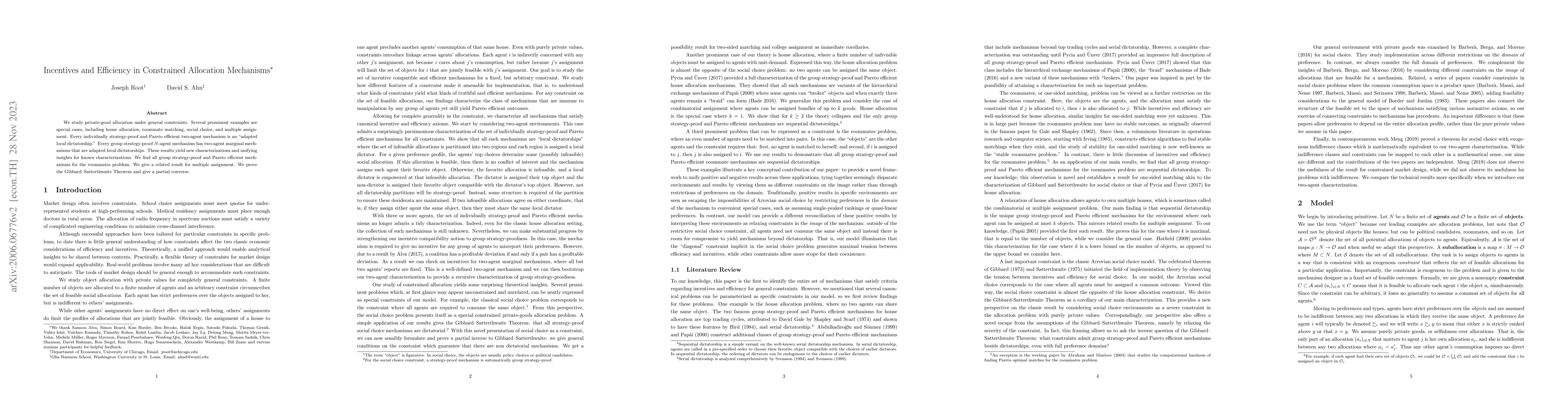 Thumbnail for Incentives and Efficiency in Constrained Allocation Mechanisms
