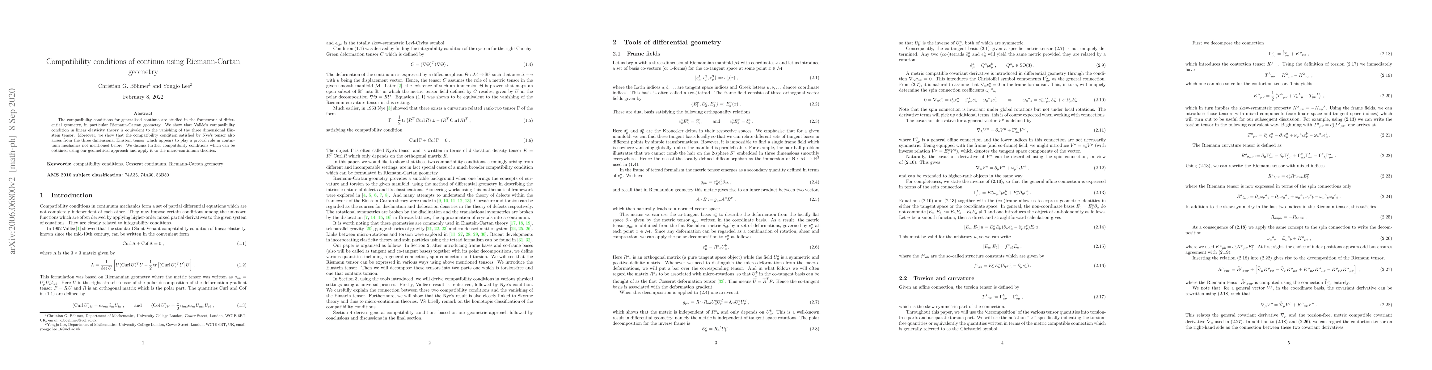Thumbnail for Compatibility conditions of continua using Riemann-Cartan geometry