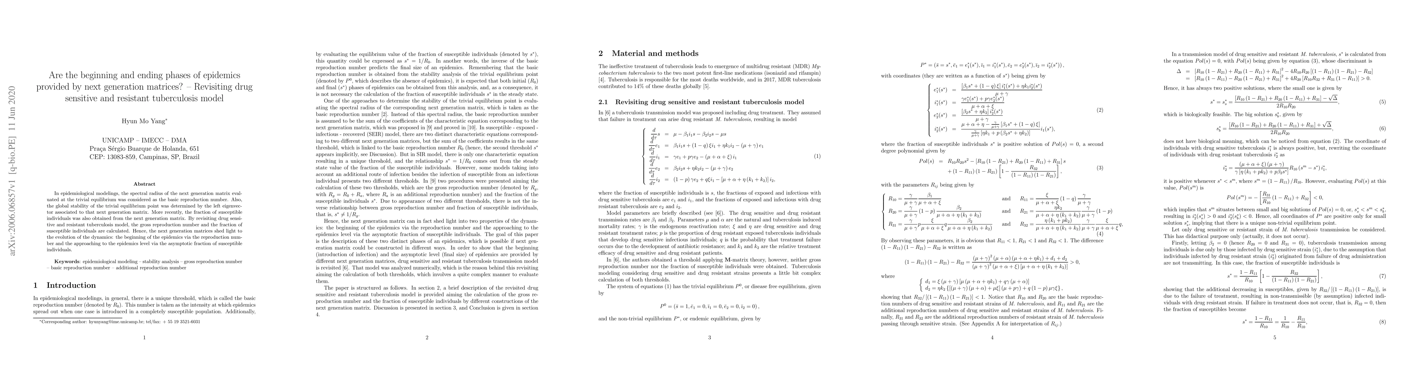 Thumbnail for Are the beginning and ending phases of epidemics provided by next
  generation matrices? -- Revisiting drug sensitive and resistant tuberculosis
  model