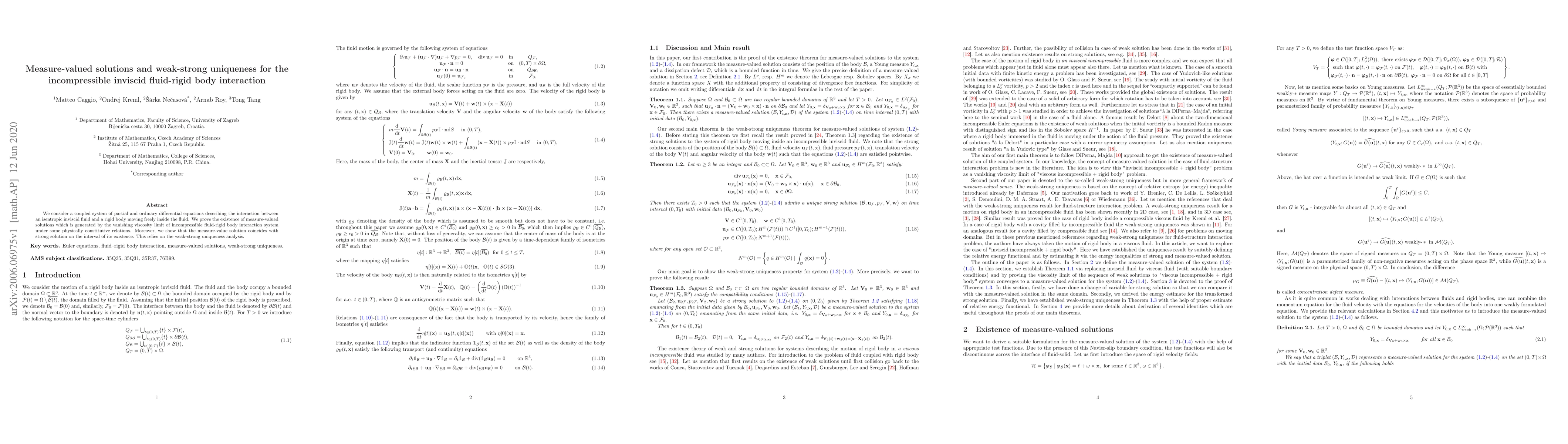 Thumbnail for Measure-valued solutions and weak-strong uniqueness for the
  incompressible inviscid fluid-rigid body interaction