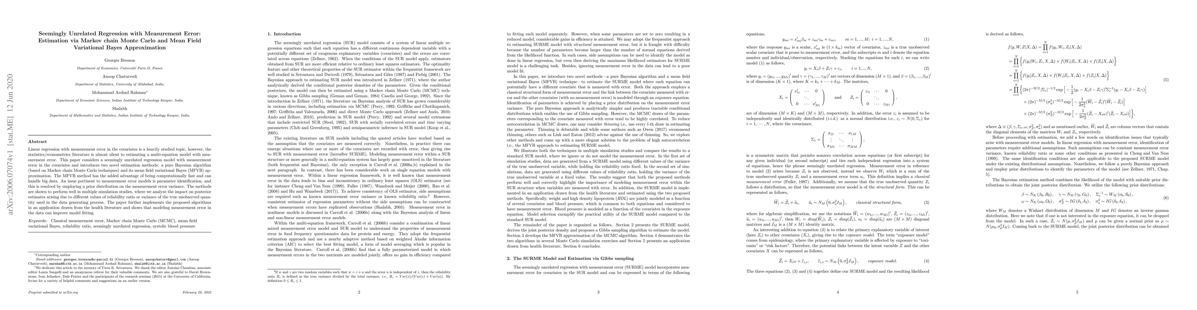 Thumbnail for Seemingly Unrelated Regression with Measurement Error: Estimation via
  Markov chain Monte Carlo and Mean Field Variational Bayes Approximation