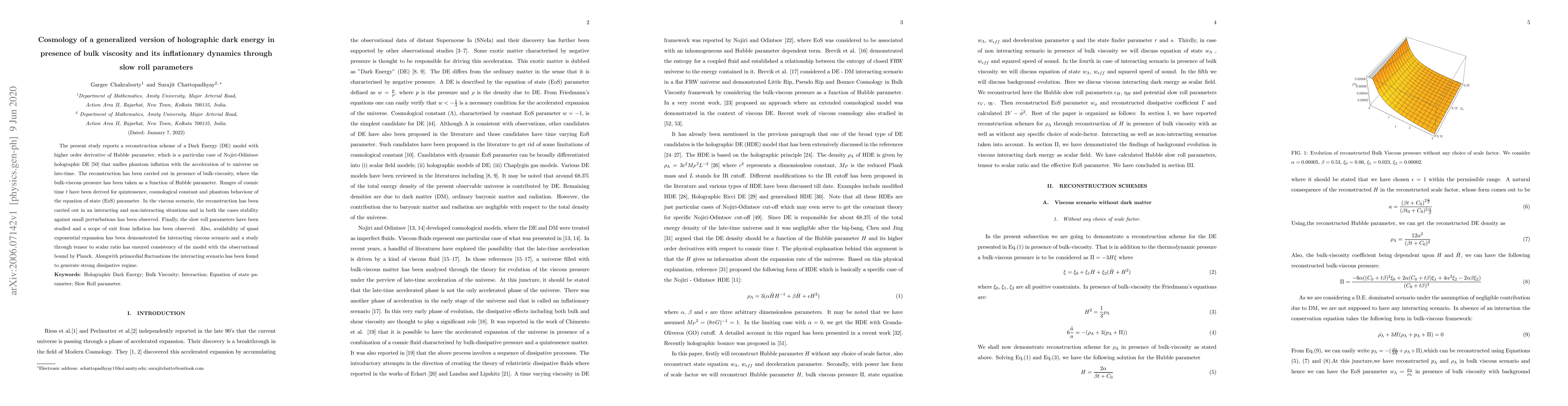 Thumbnail for Cosmology of a generalised version of holographic dark energy in
  presence of bulk viscosity and its inflationary dynamics through slow roll
  parameters