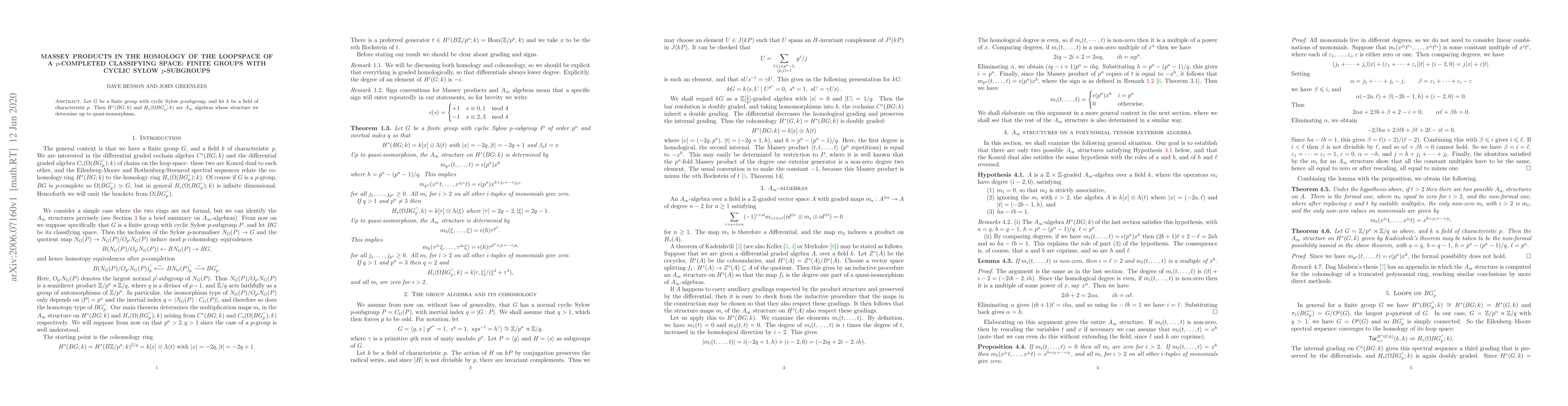 Thumbnail for Massey products in the homology of the loopspace of a p-completed
  classifying space: finite groups with cyclic Sylow p-subgroups