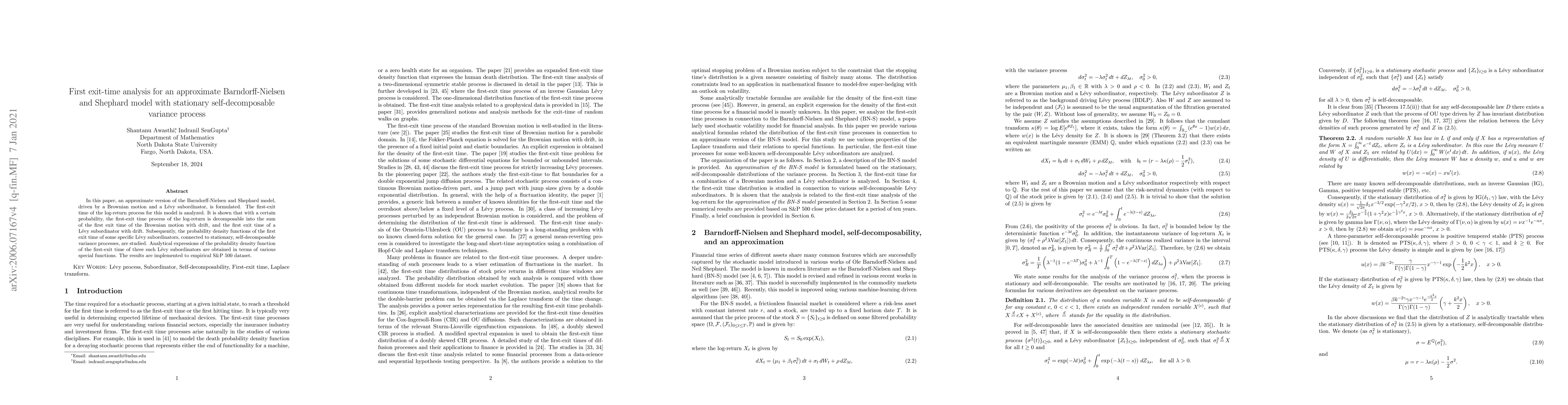 Thumbnail for First exit-time analysis for an approximate Barndorff-Nielsen and
  Shephard model with stationary self-decomposable variance process